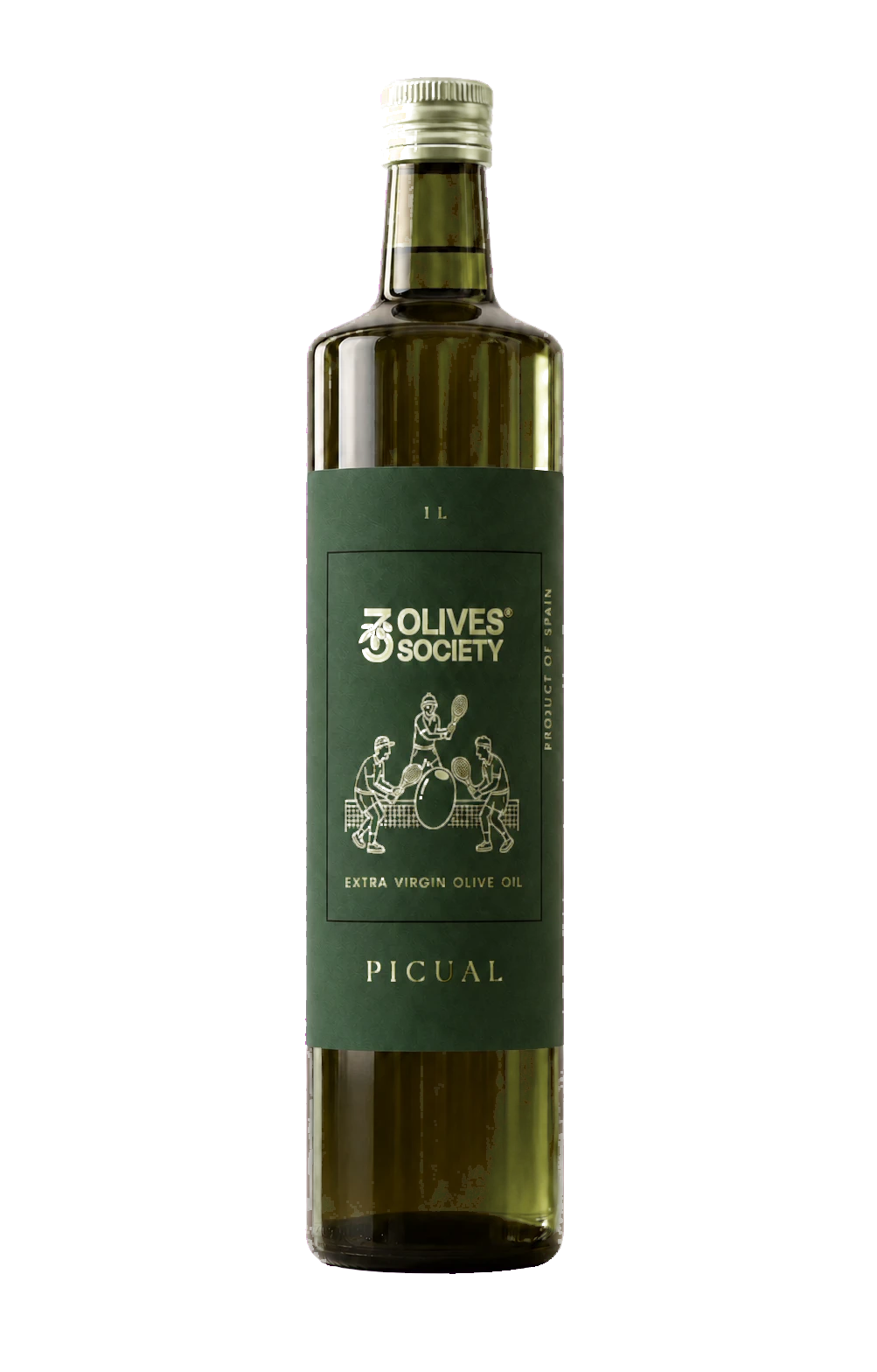 Randare frontală a sticlei 3 Olives Society Picual de 1 L.