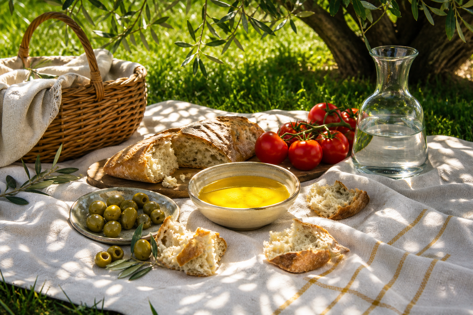 Picnic pe iarbă verde: pâine ruptă, măsline și un bol de ulei auriu pe o pătură de in, la umbra măslinilor