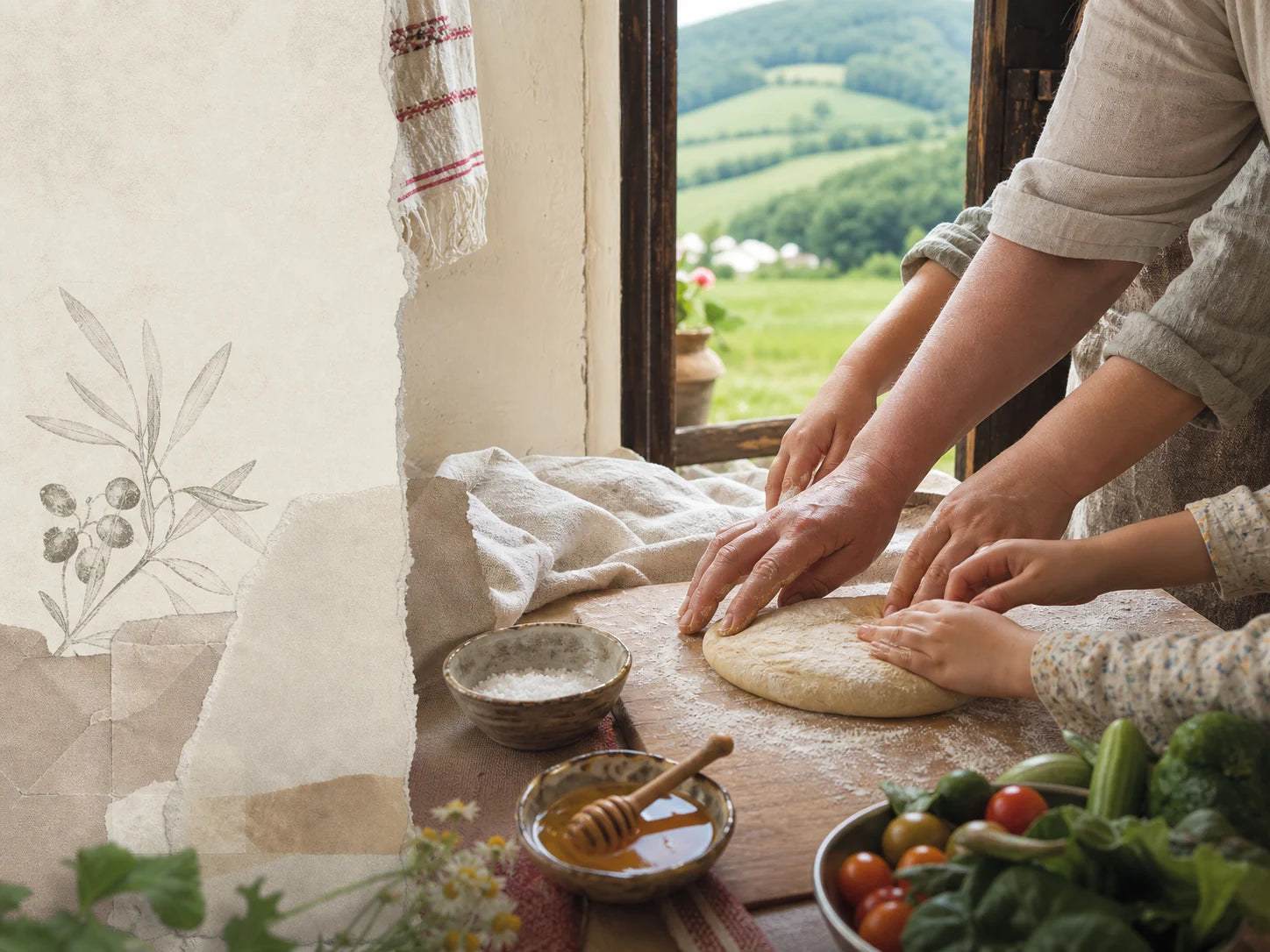 Mâinile unei familii pregătind aluat împreună, într-o bucătărie rurală din Transilvania